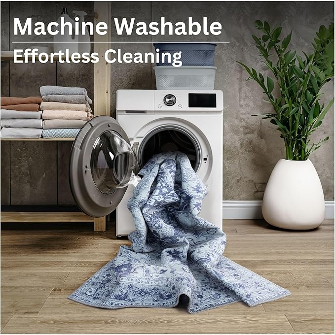 Bloom Rugs Washable Non-Slip 7 ft Runner - Gray/Blue Traditional Medallion Runner for Entryway, Hallway, Bathroom, and Kitchen - Exact Size: 2.5' x 7'