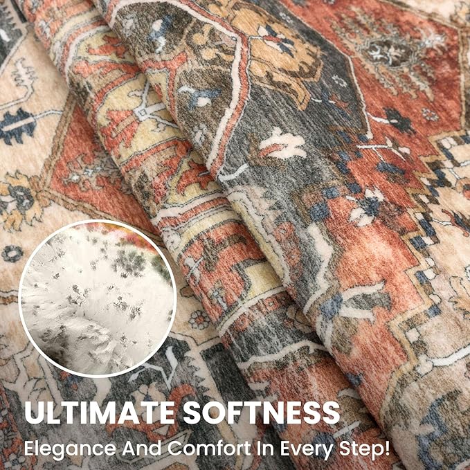 2x7 Washable Runner Rug for Hallways, Terracotta Soft Classic Kitchen Rugs with Non-Slip, Non-Shedding Boho Rug for Hallways Entryway Bedroom Bathroom Laundry Indoor