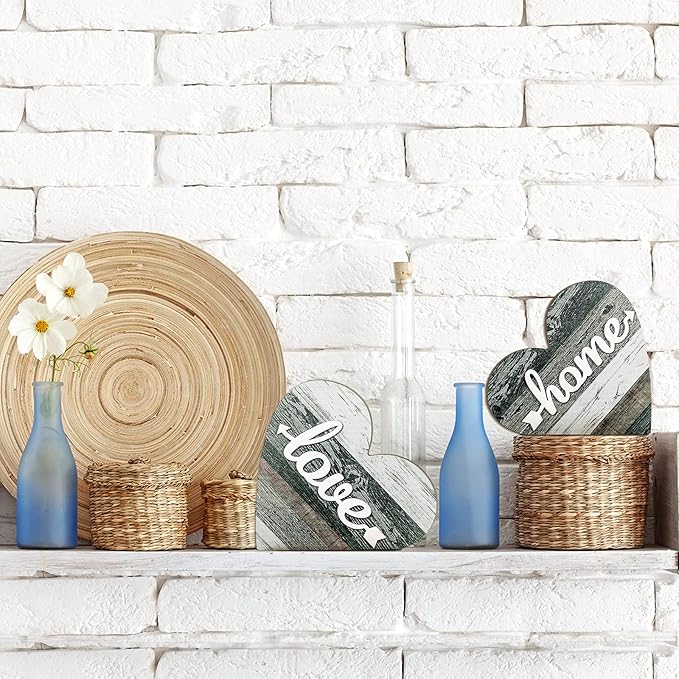 Jetec 2 Pcs Rustic Table Decorations for Living Room Home Decor Farmhouse Valentines Day Centerpiece Small Love Wooden Heart Decor for Dining Room Shelf Valentines Gift Decoration(Vintage Style)