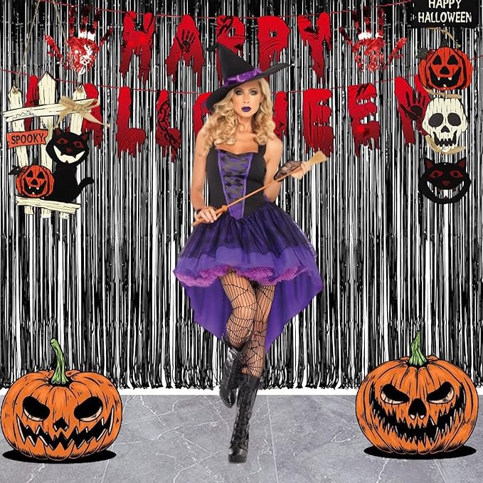 Foil Fringe Curtain Halloweens Party Decorations - Pure Black Tinsel Photo Backdrop Party Steamers Curtains for Christmas/New Years/Boy/Men/Birthdays/Music/Stranger Theme/Prom/Retirement Parties