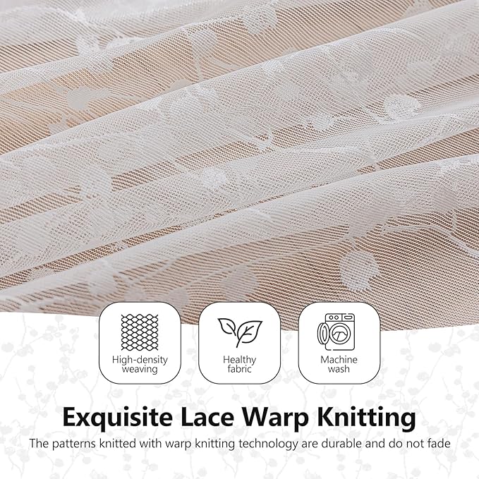96-Inch White Lace Sheer Curtains – Vintage Branch Pattern Lace for Bedroom/Living Room, Light Filtering Rod Pocket Drapes, Privacy Chic Window Treatments, 52W x 96L Inch, 2-Panel Set