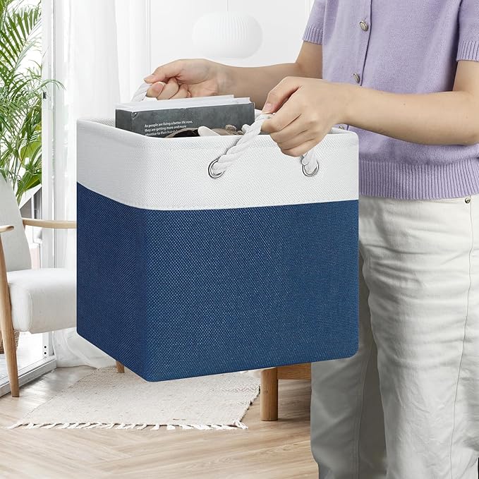 Posprica 11×11×11 Storage Cubes, Collapsible Storage Bins Organizer for Closet, Fabric Storage Box with Cotton Rope Handles, Decorative Storage Baskets for Shelves, Nursery, Toy, set of 6 - White/Blue
