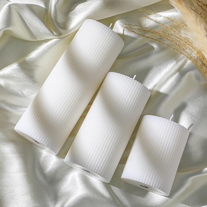 Ribbed Pillar Candles Set of 3, Width 3" High 4" 6" 8" Large Soy Wax Orchids Scented Pillar Candles Aesthetic Ribbed Modern Home Decor for Bathroom Living Room(White)
