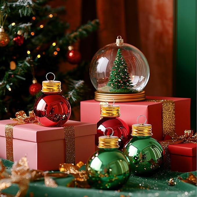 6 Pcs Christmas Ornaments Balls, 3oz Gold-Plated Reusable Fillable Christmas Plastic Ornament Balls for Christmas Tree Hanging Decoration and White Elephant Gifts