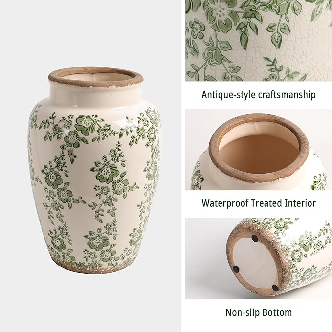 10” Retro Crackle Glaze Ceramic Vase Rustic Green Vases Decorative Vases Farmhouse Home Decor Vase Chinoiserie Vintage Flower Vases
