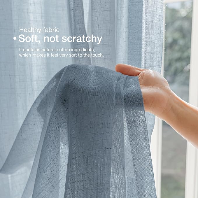 Anmao Natural Linen Curtains for Living Room 102 Inch Length 2 Panels Set, Light Filtering Semi Sheer Window Curtain Drapes for Bedroom with Curtain Rings and Clips, 52 Inch Wide Each Panel, Haze Blue