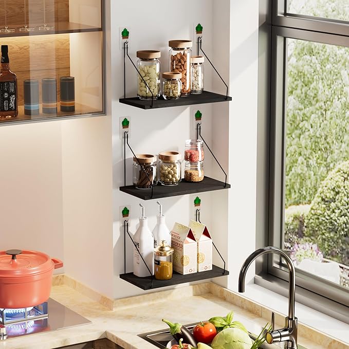 Elevate Your Space with Rustic Wood Floating Shelves Set of 3- Perfect for Bedroom, Living Room, Bathroom, and Kitchen Decor - Easy Installation, No Drilling Needed! Black