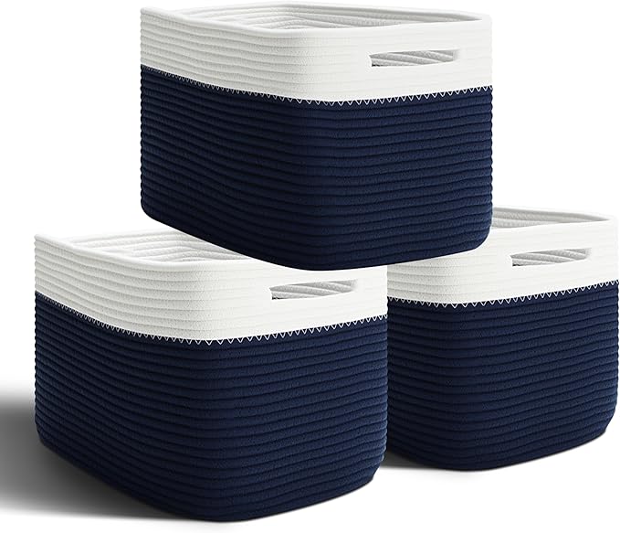 Woven Baskets for Cube Storage, 3 Pack Fabric Storage Bins with Handles, Foldable Rope Baskets for Shelves, Home, Office, 15''Lx10''Wx9''H