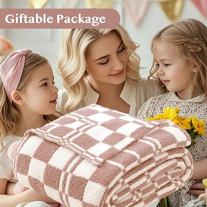 WRENSONGE Checkered Throw Blanket, Clay Pink Soft Cozy Fluffy Warm Hand Made Throw Blankets for Couch, Sofa, Chair, Bed, Camping, Picnic, Travel Lightweight Bed Blanket - 50"*60"