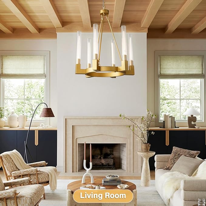 Gold Farmhouse Wagon Wheel Chandelier with Glass Tube, 23.6 Inch Large Round 6-Light Luxurious Chandelier Fixture Ceiling Pendant Lighting for Living Room, Dining Room, Bedroom, Foyer