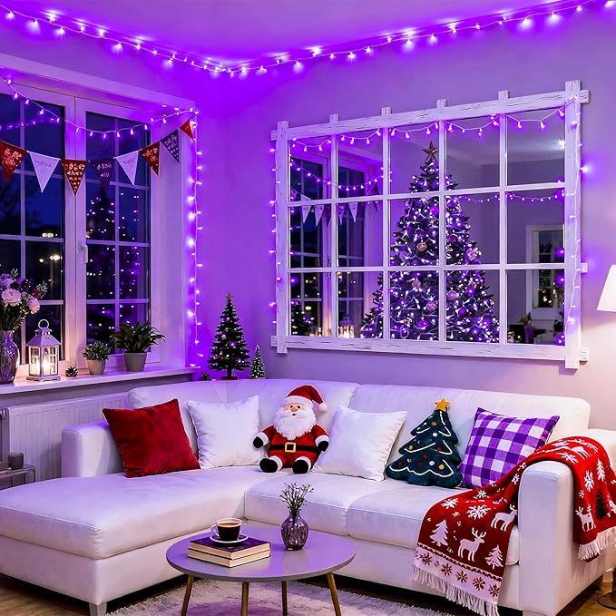 JMEXSUSS 91.5ft 250 LED Purple String Lights Indoor, Connectable 8 Modes Purple Christmas Lights Outdoor Waterproof, Plug-in Clear Wire Christmas String Light for Xmas Bedroom Party Tree Decorations