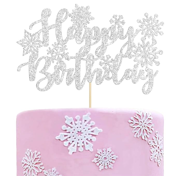 Gyufise 1 Pack Snowflake Happy Birthday Cake Topper Glitter Winter Wonderland Cake Pick Winter Frozen Theme Cake Decorations Birthday Theme Party Christmas Baby Shower Decoration Supplies White