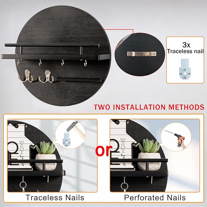 Key Holder for Wall Decorative with Shelf and Hooks, Mail Organizer Wall Mount, Circular Design Entryway Key Rack Hanger, Rustic Home Decor (Black)