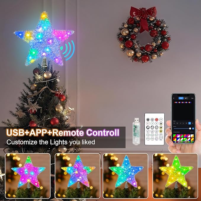 Christmas Tree Star Topper, LED Tree Decorations, UL Certified Colorful Star Tree Topper Lights for Home Garden USB Plug in Xmas Tree New Year Holiday, APP and Remote Control, DIY Dimmer(Silver)
