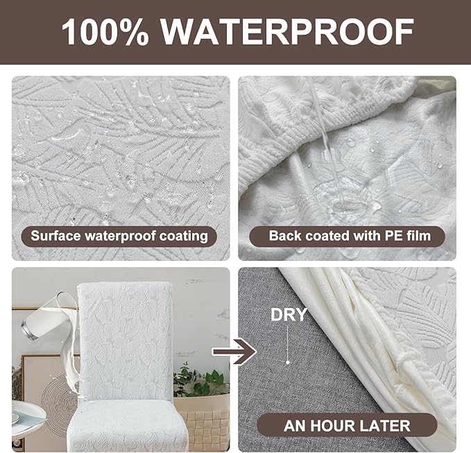 Genina 100% Waterproof Dining Room Chair Covers Set of 4 Stretch Kitchen Chair Covers Parsons Chair Slipcovers for Dining Room Chair Protector Cover, Removable, Washable (Leaf Pattern-Cream)