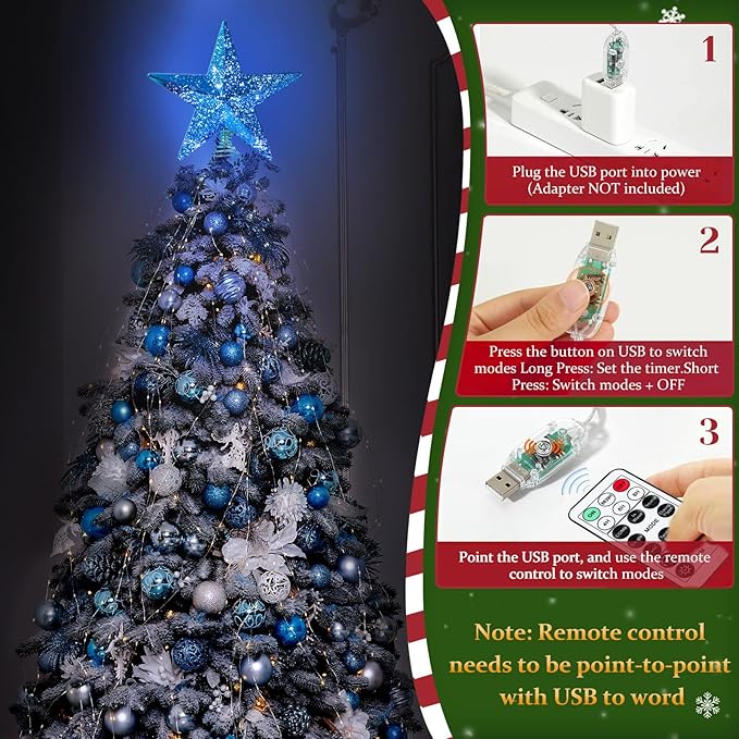 Blue Christmas Tree Star Topper with Lights, 8.5-Inch Light-Up Christmas Tree Topper with Remote Control, 4 Brightness Levels & 8 Light Modes, Faux Mercury Glitter Design with 20 Lights