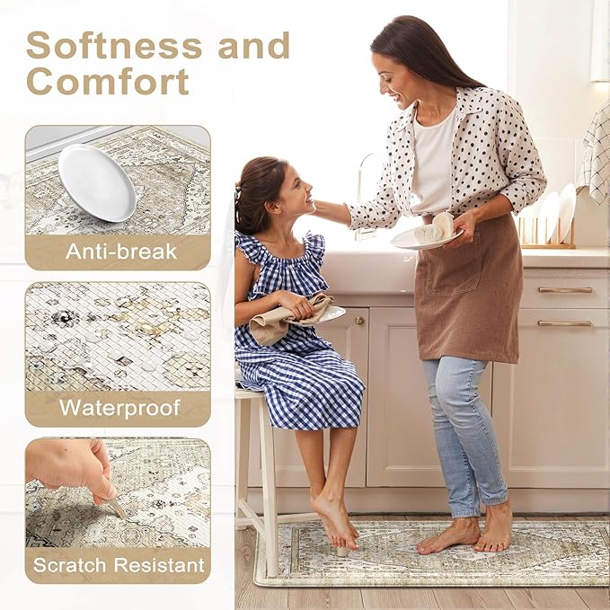 Collive Boho Kitchen Mats for Floor 2 Piece, Cushioned Anti Fatigue Kitchen Floor Mat Non-Skid Waterproof Under Sink Mat, Taupe Comfort Standing Desk Mat for Office, Home & Kitchen, 17"x30"+17"x47"