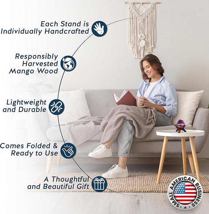 Alternative Imagination Wooden Tripod Display Stand – 4-Inch Hand Carved Holder Made from Sustainable Mango Wood – Folding Reddish-Brown Stand for Abalone Shell, Crystal Ball, Key Bowl, Trinket Dish, Incense, Decor and More