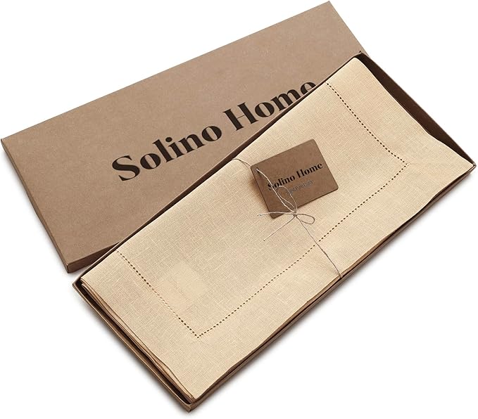 Solino Home Linen Table Runner 36 Inches - 100% Pure Linen Beige Hemstitch Table Runner 14 x 36 Inch Ideal for Dresser and Coffee Tables - Spring, Easter - Classic Hemstitch