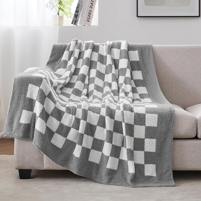 Snuggle Sac Checkered Bedding Blanket Twin Size 60x80, Super Soft, Cozy Warm Knit Blankets, Reversible Breathable Lightweight Fluffy Throws for Sofa, Bed, Checkered Grey, 60x80 Inches