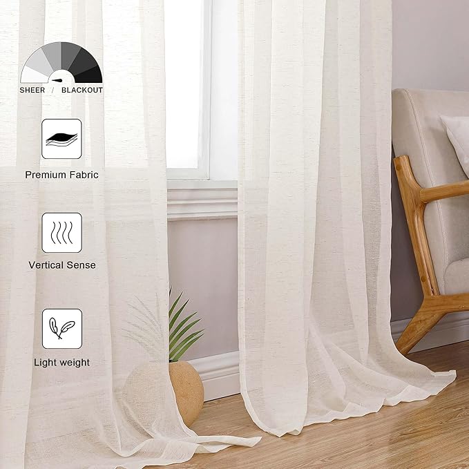 Lecloud Sheer Curtains 72 Inches Long 2 Panels Set, Linen Textured Natural Curtain Drapes for Living Room Bedroom, Farmhouse Gauzy Window Treatments with Dual Rod Pocket, Each Panel 42" W x 72" L