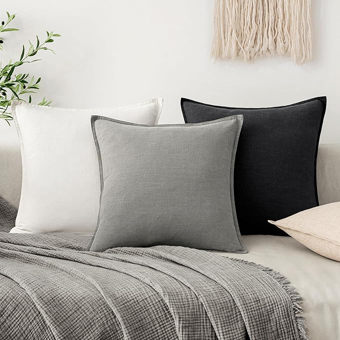 EMEMA Decorative Linen Throw Pillow Covers 18x18 Inch Cream Boho Farmhouse Neutral Couch Throw Pillows for Bed Pack of 2 Accent Pillowcase Modern Sofa Cushion Livingroom Home