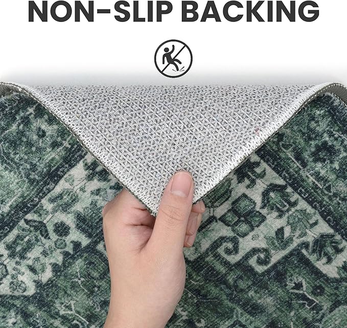 2x3 Washable Rug for Entryway, Dark Green Soft Traditional Printed Area Rug, Non-Slip Kitchen Rugs, Low-Pile Medallion Indoor Door Mat, Farmhouse Carpet for Entrance Kitchen Foyer Bedside