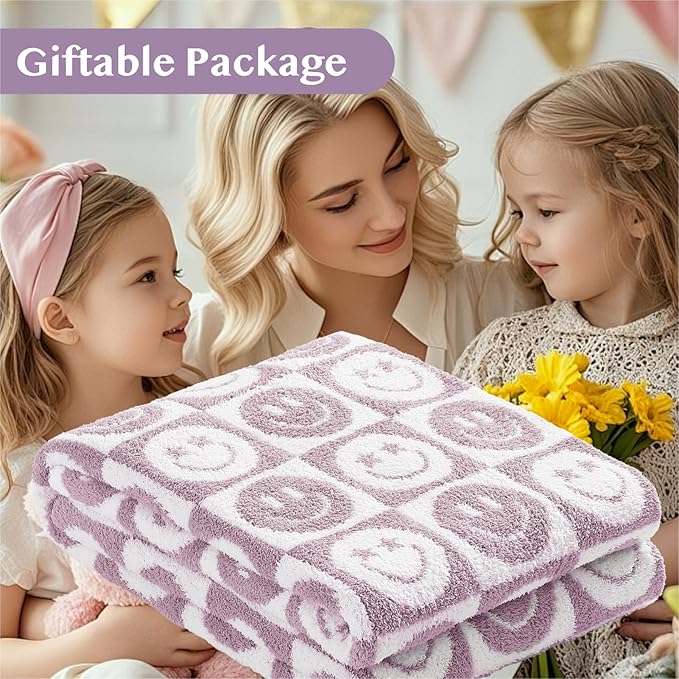 WRENSONGE Checkered Throw Blanket Lilac Smiling Face Soft Cozy Fluffy Warm Hand Made Throw Blankets for Couch, Sofa, Chair, Bed, Camping, Picnic, Travel Lightweight Bed Blanket - 50"*60"