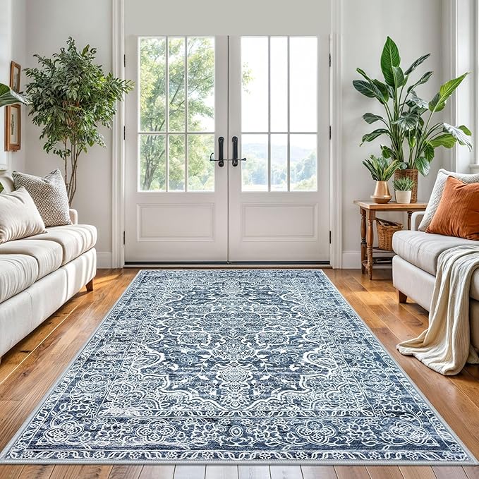 KUTA Area Rug 5x7 Blue White, Vintage Washable Rugs for Living Room Ultra Soft Non-Slip Printed Distressed Tribal Traditional Farmhouse Carpet for Bedroom Dining Room Dorm Office Home Decor