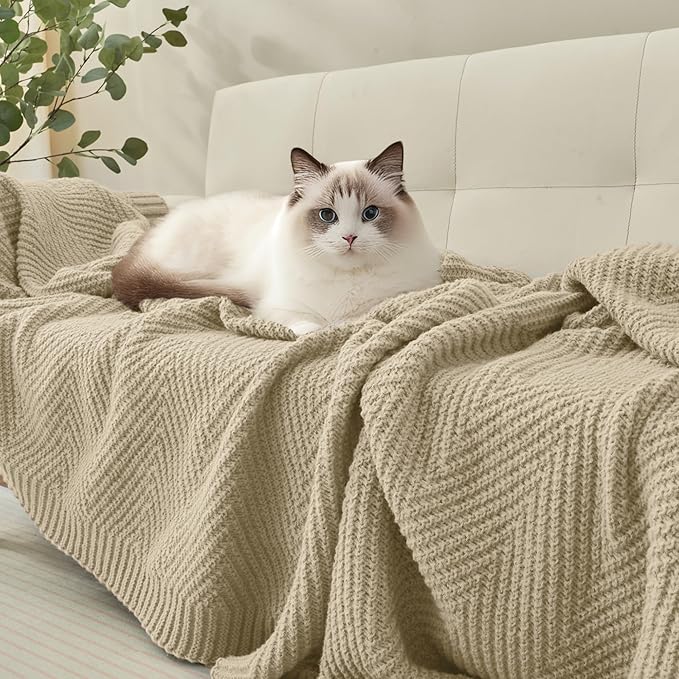 Knitted Throw Blanket 60"X80", Light Beige Knit Throws for Bed, Super Soft Boho Chevron Blankets for Couch Sofa Chair Room Decor, Textured Decorative Farmhouse Cozy Lightweight