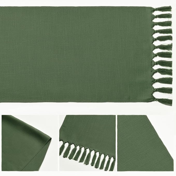 Artoid Mode Dark Green Tassel Table Runner, Linen Blend Rustic Farmhouse Style Kitchen Table Decoration Holiday Wedding Party Dinning Decor 13x90 Inch