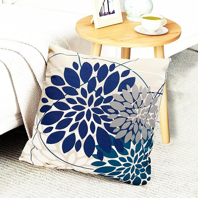 Decorative Throw Pillow Covers Set of 2 Blue Pillow Covers 22x22 inch Linen Square Pillow Cases,Farmhouse Modern Geometric Floral Outdoor Pillow Cover for Couch Sofa Living Room Bedroom