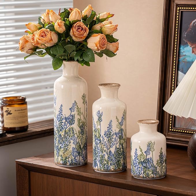 Ceramic Vase Set of 3, Vintage Blue Floral Beige Vases, Rustic Chinoiserie Decorative Vases for Wedding Decor, Wedding Gifts, Farmhouse Floral Vase for Home Decor, Living Room, Kitchen, Shelf Decor