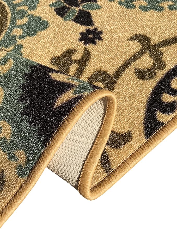 Custom Size Floral Medallion Rubber Backed Non-Slip Hallway Stair Runner Rug Carpet 31 inch Wide Choose Your Length, Beige 31in X 50ft