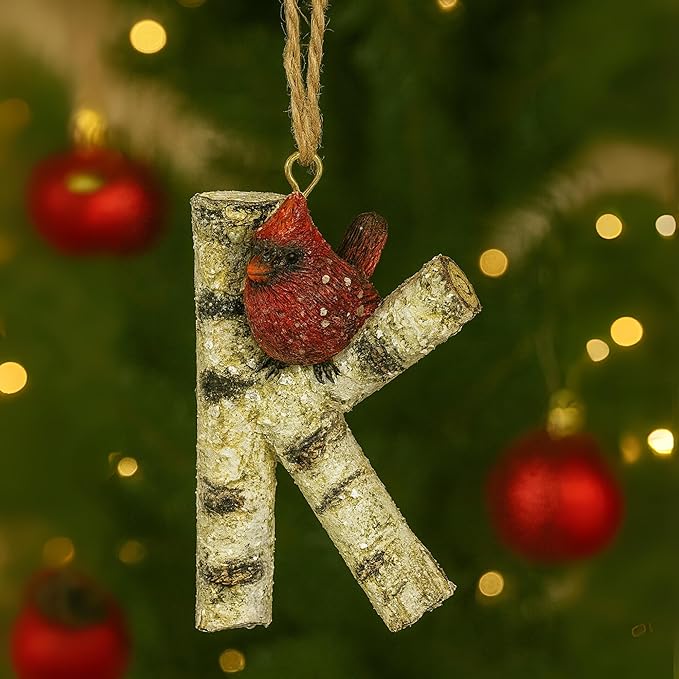 Rustic Cardinal Initial Letter Christmas Ornament – Birch Wood Look Hanging Alphabet Monogram Decoration for Holiday Tree & Winter Home Décor (K)