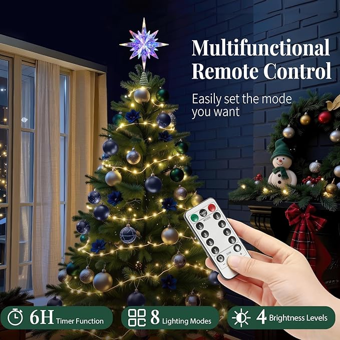 Lewondr Christmas Star Tree Topper, 15.35'' Christmas Tree Topper with 20 LED Bulbs, Remote and USB Operated Bethlehem Polaris Treetop for Home Decor, 6 Hrs Timer and 8 Modes Xmas Decor, Colored Light