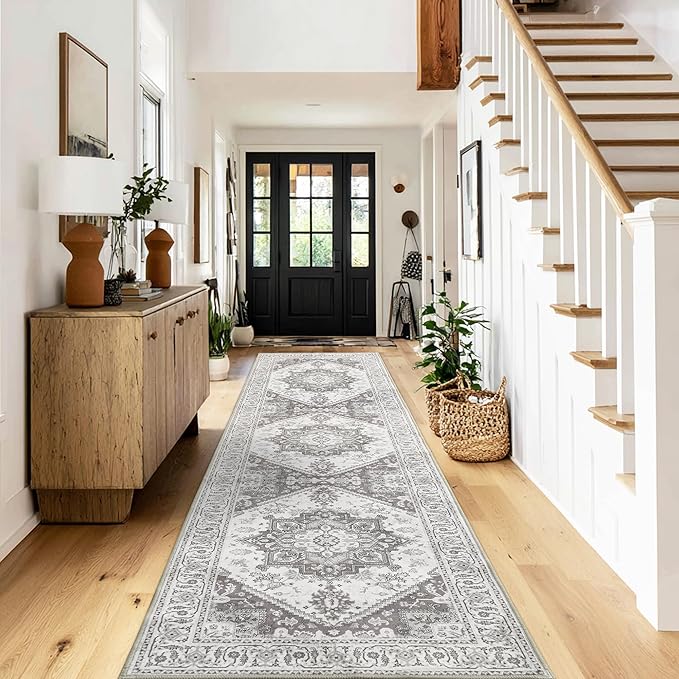 XWZO Washable Hallway Runner Rug 2x8ft — Non-Slip Low Pile Area Rug with Rubber Backing, Spill Resistant Soft Vintage Floor Carpet Runner for Kitchen Entryway Doorway Bedroom Corridor, Grey