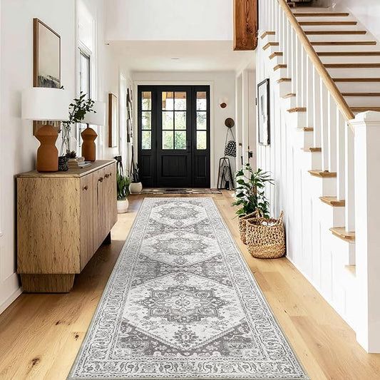 XWZO Washable Hallway Runner Rug 2x8ft — Non-Slip Low Pile Area Rug with Rubber Backing, Spill Resistant Soft Vintage Floor Carpet Runner for Kitchen Entryway Doorway Bedroom Corridor, Grey
