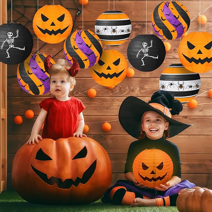 Halloween Paper Lanterns, 12 PCS Halloween Hanging Paper Lanterns, Orange Black Purple Spider Skeleton Bat Lanterns for Halloween Party Decorations Indoor Outdoor Spooky Home Decor