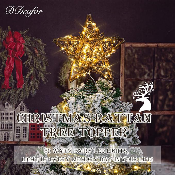 Rattan Natural Star Christmas Tree Topper - Rustic Farmhouse Xmas Treetop with 50 Warm LED Lights for Indoor Christmas Tree Decorations Holiday Seasonal Decor