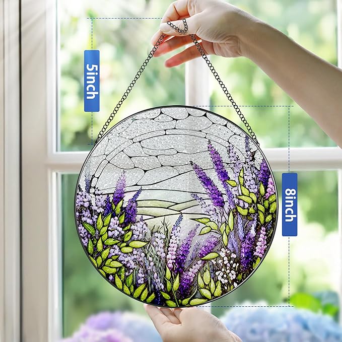 Lavender Flower Stained Glass Suncatcher, Stained Glass Window Hanging, 8 Inch Green Plants Suncatcher Decor for Birthday for Women, Wife, Lovers, Mom, Grandma, Gift Idea