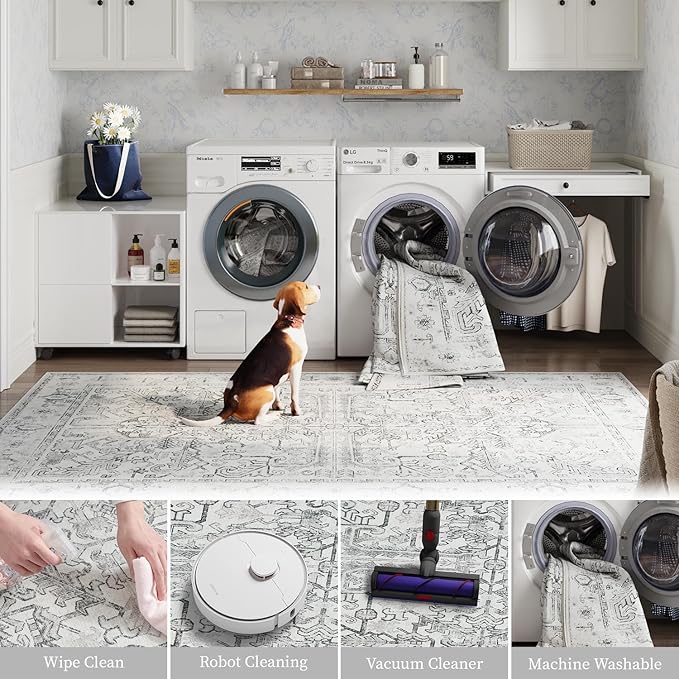 jinchan Lima Runner Rug 2x12 Long Hallway Runner Rug Thin Vintage Washable Kitchen Carpet with Rubber Backing Floral Print Floor Cover Indoor Laundry Room Bedroom Stairway (2x12ft, Grey)