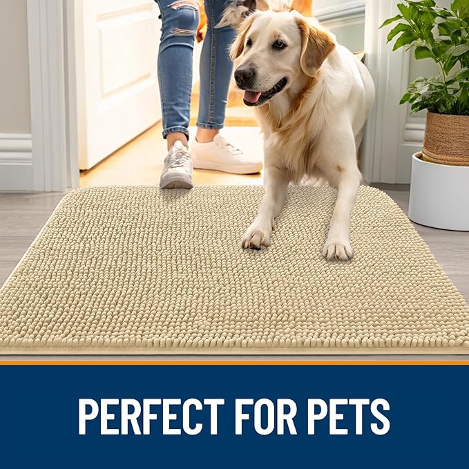OLANLY Dog Door Mat for Muddy Paws 59x20, Absorbs Moisture and Dirt, Absorbent Non-Slip Washable Doormat, Quick Dry Chenille Mud Mat for Dogs, Entry Indoor Entryway Carpet for Inside Floor, Sand
