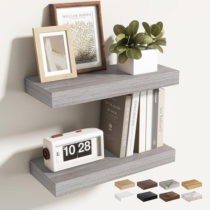 16 Inch Floating Shelves for Wall 2 Pack, 16" Wall Shelves for Books, Storage, Decor, Wall Mounted Floating Shelf with Invisible Brackets for Kitchen, Living Room, Gray