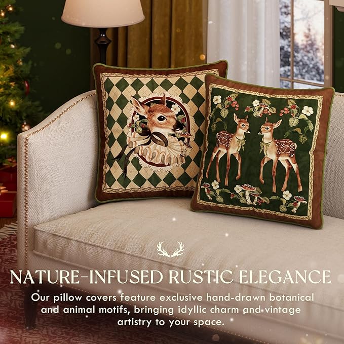 Grandmillennial Holly Deer Green Pillow Cover, Velvet Euro Sham Covers Decorative Throw Pillow Covers 18x18 for Couch Sofa Bed Living Room, Christmas & Holiday