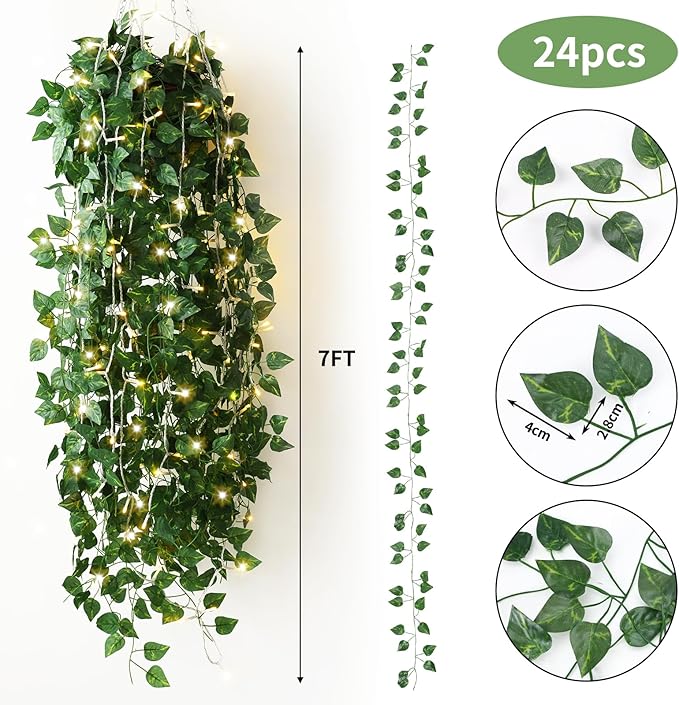 CEWOR 24 Pack 173ft Fake Ivy Vines, Artificial Ivy Garland with 200 LED String Lights, Hanging Plants Greenery Backdrop Green Leaves for Bedroom Room Wall Decor Wedding Party Table Decoration