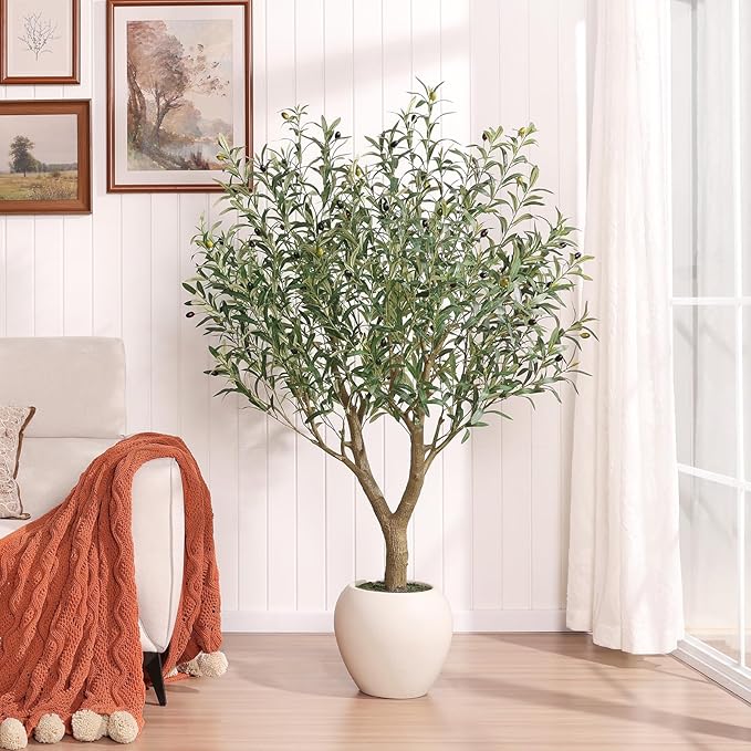 Olive Trees Artificial Indoor,5Ft Large Faux Plants,Tall Fake Tree with 12in White Round Planter,Full & Lush Faux Olive Tree for Home Decor Living Room, Office or Bedroom,Housewarming