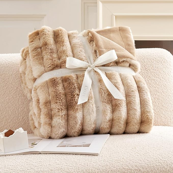 Cozy Bliss Faux Fur Throw Blanket for Couch, Cozy Warm Plush Striped Blanket for Sofa Bedroom Living Room, 90 * 90 Inches Tie-dye Khaki