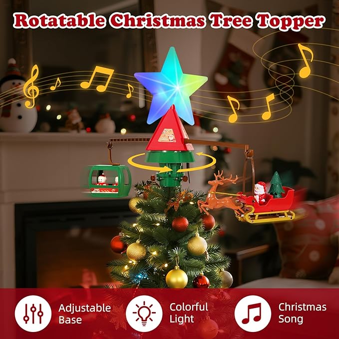 Luxspire Christmas Tree Topper with Rotating Animated Santa Deer Sled and Snowman Cable Car, Multicolor Lighted Christmas Star with Music, Tree Topper Decoration for Holiday Home