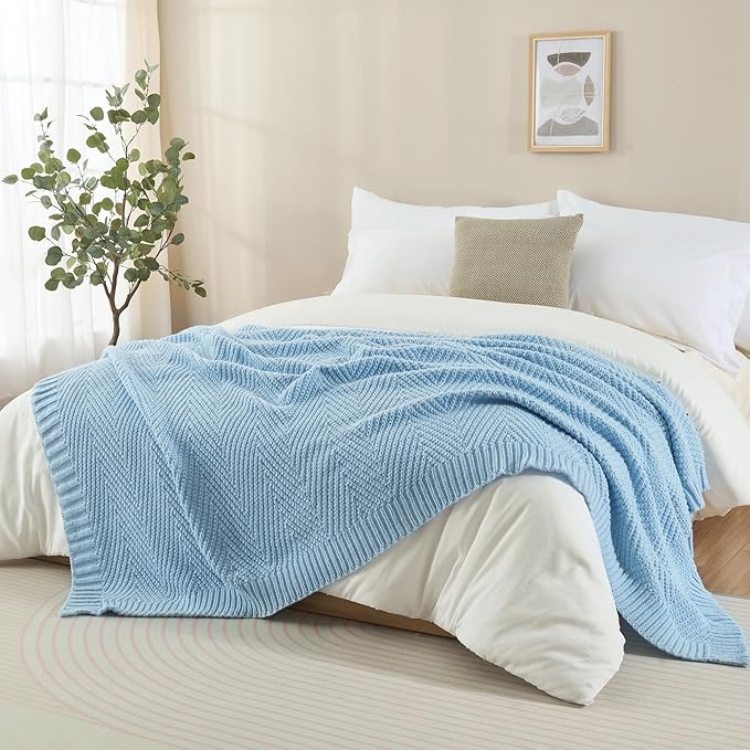 Knitted Throw Blanket 60"X80", Light Blue Knit Throws for Bed, Super Soft Boho Chevron Blankets for Couch Sofa Chair Room Decor, Textured Decorative Farmhouse Cozy Lightweight
